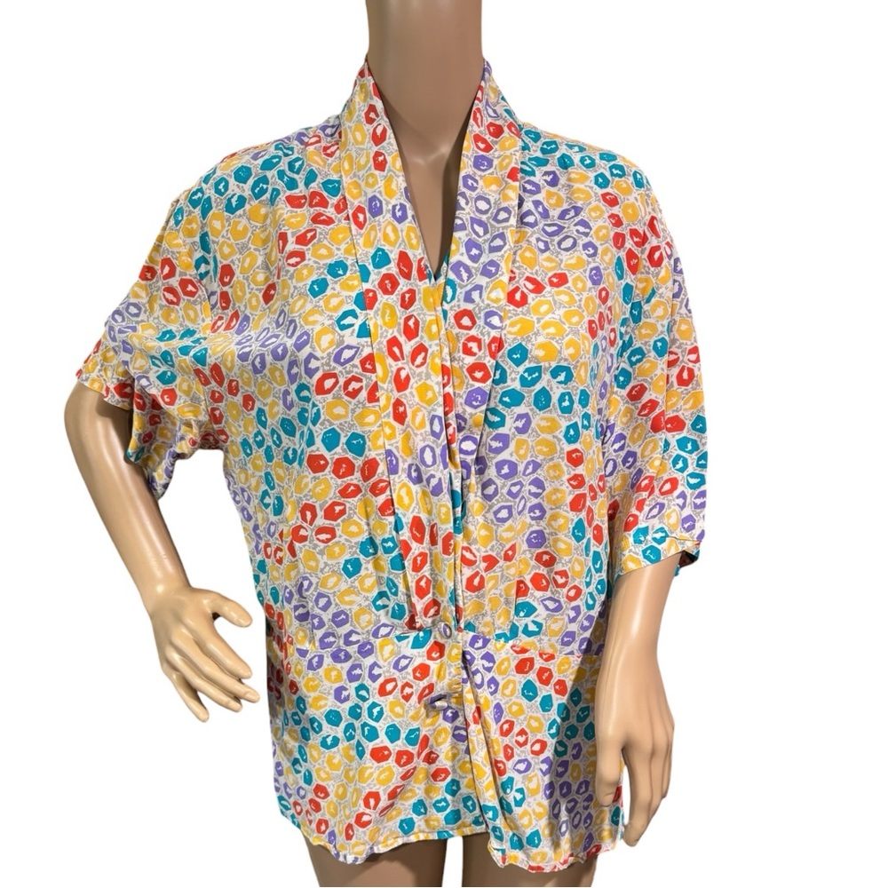 Jacqueline Ferrar Colorful Print Button Down Blouse 100% Silk Kimono Sz 16 XL
